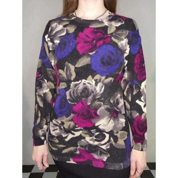 80s Vintage Lambswool Colorful Pink Blue Floral Fuzzy Long Sleeve Sweater Sz M - Picture 2 of 8